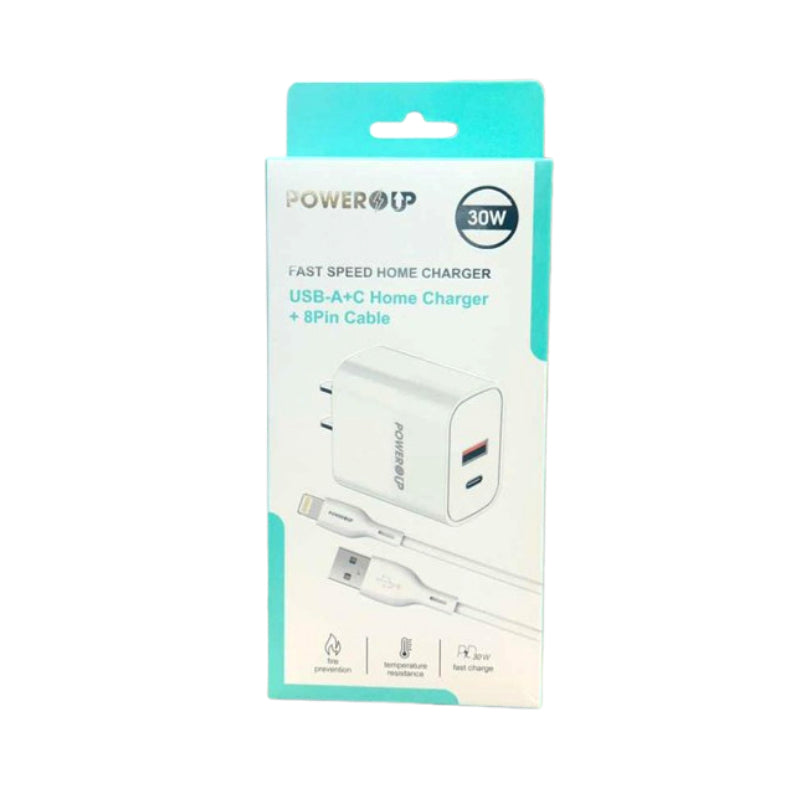 POWER UP USB- A+C HOME CHARGER + 8 PIN CABLE | FAST HOME CHARGER 30W