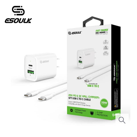 ESOULK PD & QC WALL CHARGER WITH USB C TO C CABLE 5FT | FAST CHARGE 20W