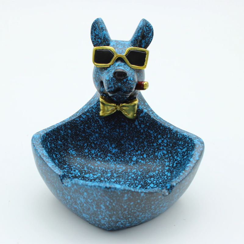 SMOKING BLUE DOG WITH BOW & GLASSES ASHTRAY 1CT