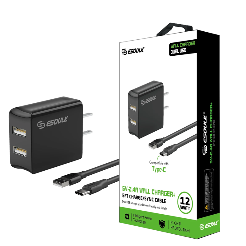 ESOULK | 12W | 5FT CABLE | 2.4A WALL CHARGER | TYPE-C | BLACK