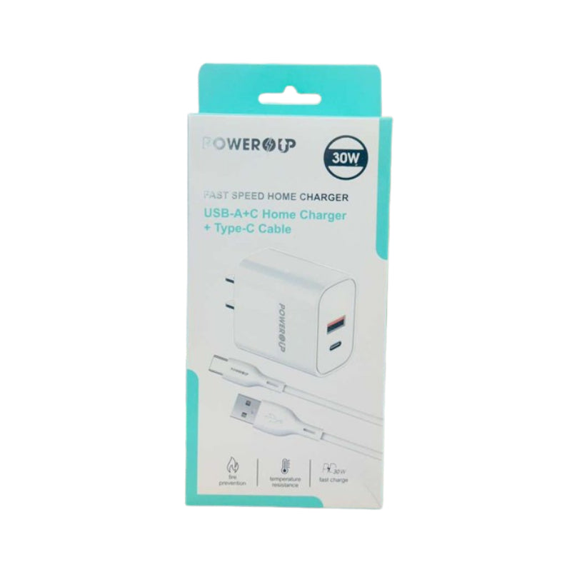POWER UP USB- A+C HOME CHARGER + TYPE-C CABLE | FAST CHARGER 30W