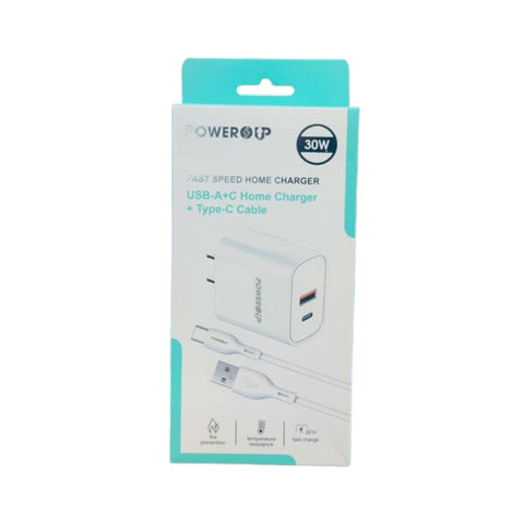 POWER UP USB- A+C HOME CHARGER + TYPE-C CABLE | FAST CHARGER 30W