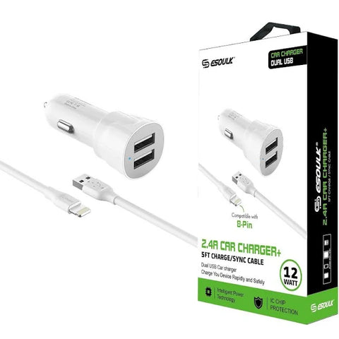 ESOULK | 12W | 5FT 2.4A DUAL USB TRAVEL CAR CHARGER + CABLE IOS | 8-PIN | WHITE